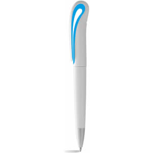 A twist-action ballpoint pen in white with a blue styled clip and branding on the barrel.