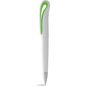 A white ballpoint pen with a green styled clip featuring a twist-action mechanism and a logo.