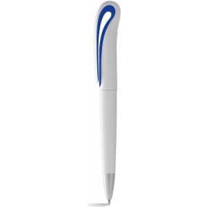 A white ballpoint pen with a blue stylised clip, featuring a twist-action mechanism and a logo.