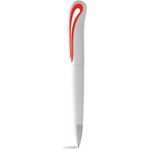 A twist-action ballpoint pen in white with a red styled clip, featuring a logo on the barrel.