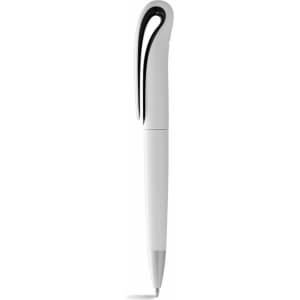A twist-action ballpoint pen in white with a styled black clip and a subtle logo on the clip.