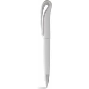 A white twist-action ballpoint pen with a styled clip and a small logo.