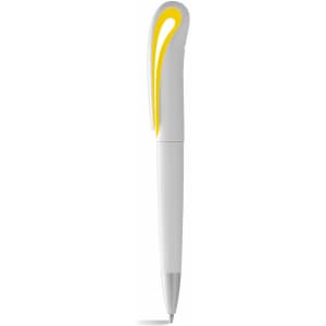 A white twist-action ballpoint pen with a stylised yellow clip and a smooth design.