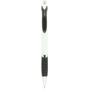 A white ballpoint pen with a black rubber grip and a clip, featuring a branded logo. Perfect for everyday writing tasks.