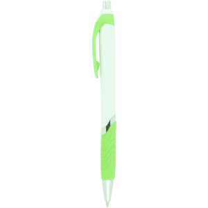 A green and white push-action ballpoint pen with a rubber grip and a logo on the barrel.