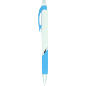 A ballpoint pen with a white barrel and blue rubber grip, featuring a clip and a silver nib, with a logo.
