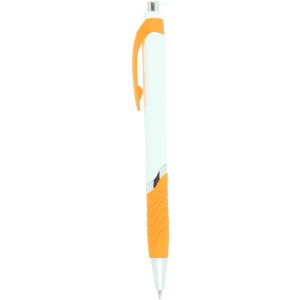 A white ballpoint pen with an orange grip and a silver accent, featuring a logo.
