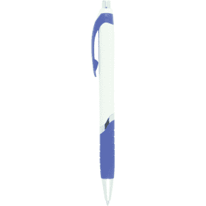 A blue and white VECTRA push-action ballpoint pen with a rubber grip and a branding logo.