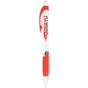 A red and white VECTRA push-action ballpoint pen with a rubber grip and a branding logo.