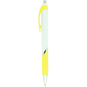 A push-action ballpoint pen with a white body and yellow rubber grip, featuring a clip and a branding logo.