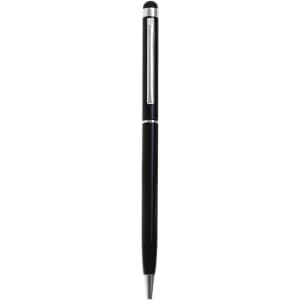 A slimline black metal twist-action stylus pen with a silver clip and detailing. It features a logo.