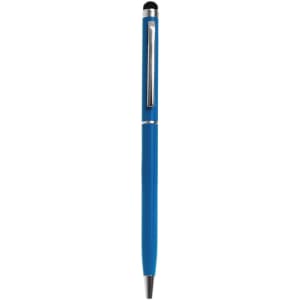 A blue metal twist-action stylus pen with a sleek design and a silver clip. It features a stylus tip on top.