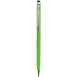 A green slimline metal twist-action stylus pen with a silver clip and a black stylus tip.