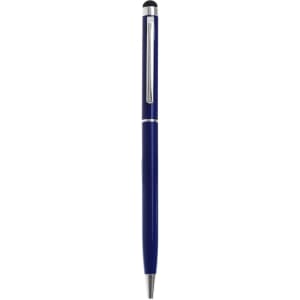 A slimline metal twist-action stylus pen in navy blue with a silver clip and black stylus tip.