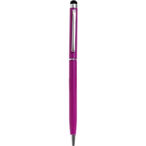 A slimline metal twist-action stylus pen in vibrant purple, featuring a silver clip and a black tip.