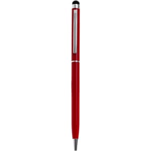 A red slimline metal twist-action stylus pen with a silver accent and a black top. It features a logo on the body.