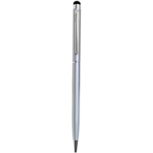 A silver metal twist-action stylus pen with a sleek design and a clip, featuring a black stylus tip.