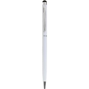A slimline metal twist-action stylus pen in white with a silver clip and tip. It features a branding logo.