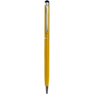 A stylus pen in a vibrant yellow colour with a sleek metal finish and a twist-action mechanism. Features a logo.
