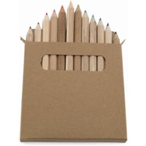 A cardboard box containing a 12-piece set of wooden pencils in various colours, with a logo on the packaging.