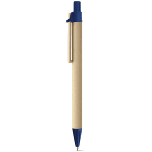 A pen with a beige barrel and blue accents, featuring a clip and a ballpoint tip. It has a logo on the barrel.
