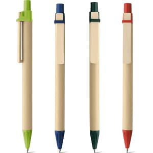 An eco-friendly ballpoint pen in beige with a black tip and wooden clip, featuring a logo on the clip.