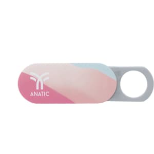 A sliding webcam blocker in pastel pink and blue with a circular opening and a logo.