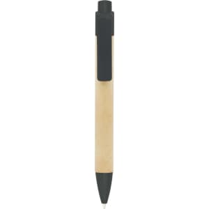 A push-action pen featuring a recycled cardboard body with a black clip and tip.