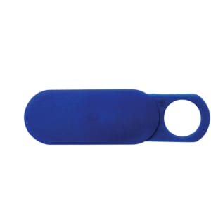 A blue sliding webcam blocker with a circular tab for easy adjustment and a smooth surface.