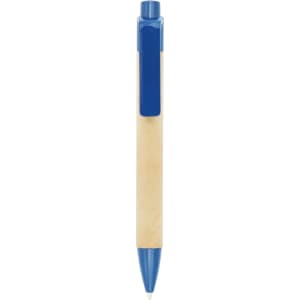 A push-action pen featuring a blue tip and clip with a recycled cardboard barrel.