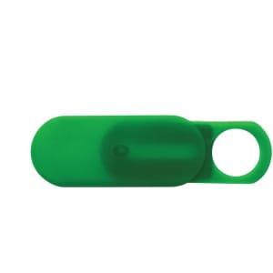 A green sliding webcam blocker with a circular cutout. It features a smooth, oval shape and has a logo.