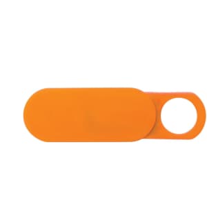 An orange sliding webcam blocker with a circular attachment hole. It features a smooth, streamlined design.