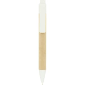 A push-action pen with a recycled cardboard barrel, featuring a white clip and tip.