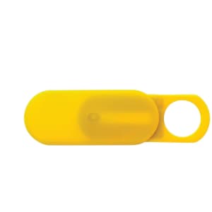 A yellow sliding webcam blocker with an oval shape and a circular hole for easy attachment.
