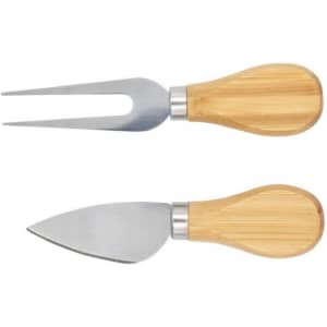 A bamboo cheese set featuring a fork and a knife with metal blades and bamboo handles.