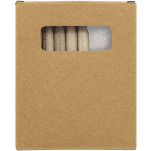 A brown cardboard box containing six coloured pencils visible through a transparent window.