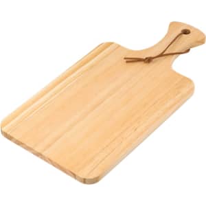 A pinewood cutting board with a natural finish and a leather loop for hanging. It has a rectangular shape and smooth surface.