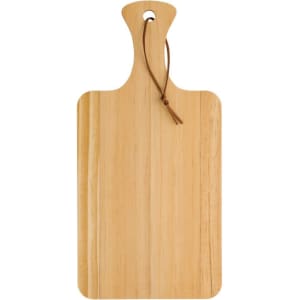 A pinewood cutting board with a handle and leather tie, featuring a natural wood finish.