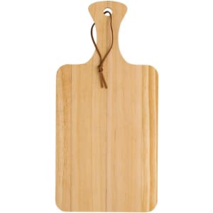 A rectangular pinewood cutting board with a handle, featuring a natural wood finish and a leather tie.