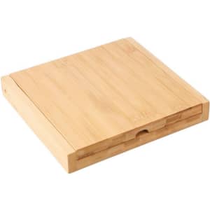 A bamboo cheese board set featuring a sleek, natural finish with a storage compartment. It includes a logo branding.