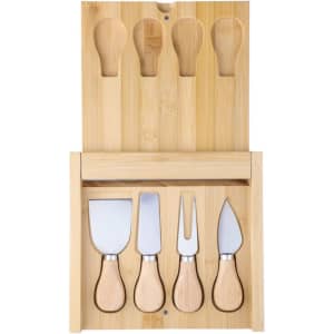 A bamboo cheese board set featuring five stainless steel cheese knives with wooden handles. It includes a convenient storage design.
