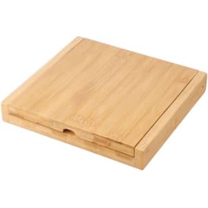 A bamboo cheese board set in a natural wood finish, featuring a sliding compartment for storage.