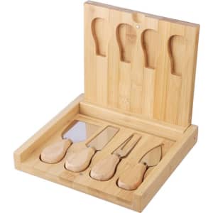 A bamboo cheese board set featuring four stainless steel utensils with bamboo handles and a hinged storage design.