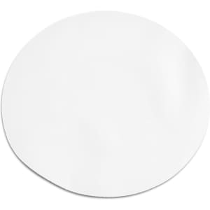 A round white mouse pad with a smooth surface and a slight sheen, featuring a logo in the centre.