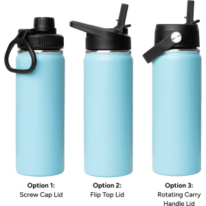 A drink bottle in light blue with three different lid options: screw cap, flip top, and rotating carry handle.