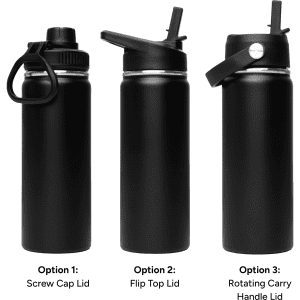 A drink bottle trio featuring a 500ml design in black, showcasing three different lid options: screw cap, flip top, and rotating carry handle.