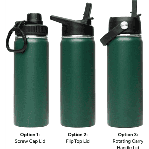 A drink bottle in green with three different lid options: screw cap, flip top, and rotating carry handle.