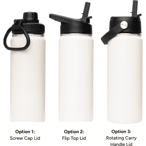 A drink bottle featuring three different lid options: screw cap, flip top, and rotating carry handle. Available in white.