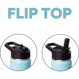 A drink bottle with a light blue body and two black flip top lid options. Features a logo on the side.