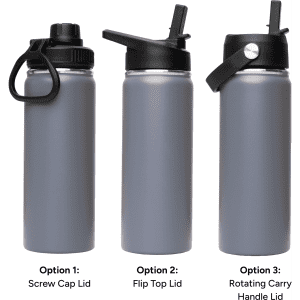 A drink bottle in grey featuring three lid options: screw cap, flip top, and rotating carry handle. Includes a logo.